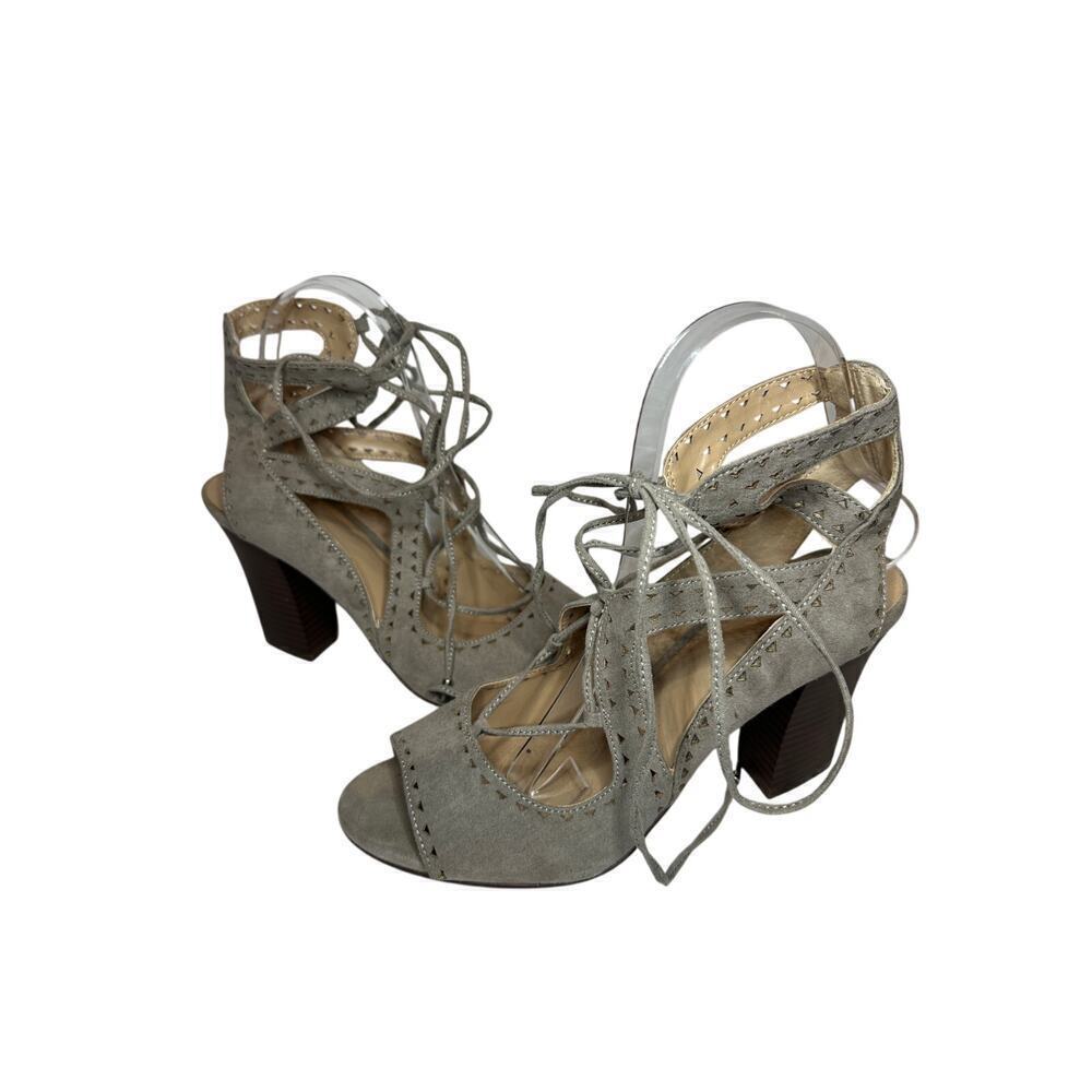 Kaari Size 7.5 Hannah Open Toe Lace Tie Up Cutout Heel Sandal Gray Vacation Boho